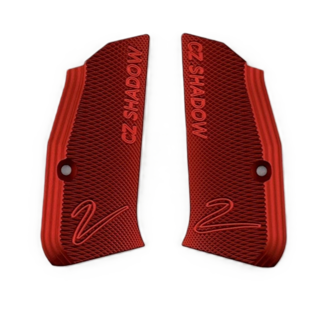 Two red, textured GRIPS RED SHADOW 2 COMPACT panels are shown side by side, each engraved with "CZ SHADOW" and a stylized "Z", and designed with screw holes for simple attachment to your CZ Red Shadow 2 Compact handgun.