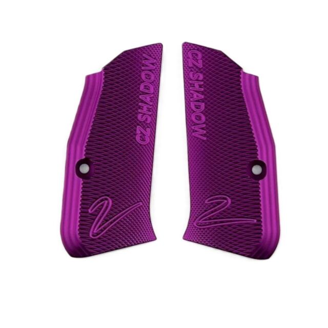 Two purple GRIPS PURPLE SHADOW 2 COMPACT for CZ Shadow 2 Compact pistols, each textured and engraved with "CZ SHADOW" and a stylized "Z" at the bottom, are displayed side by side on a white background.