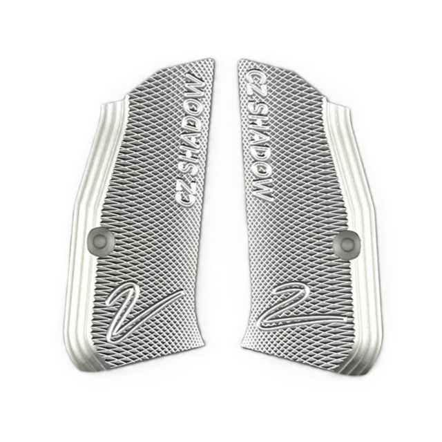 GRIPS SILVER SHADOW 2 COMPACT feature textured silver surfaces with diagonal crosshatch patterns and "CZ SHADOW" plus a stylized "Z" engraving, making them premium accessories for your handgun.