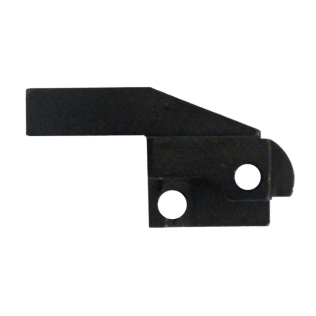 The EJECTOR CZ83 in black metal boasts a flat, angular shape with two circular holes. It features an elongated, rectangular top section and a bottom section that curves gracefully, reminiscent of components often found in CZ83 models.