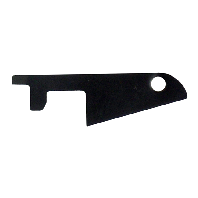 Introducing the TRIGGER BAR DISCONNECTOR 83 #2, a sleek black bottle opener crafted from flat metal. It features a rectangular handle with a circular hole at one end, making it perfect for attaching to your keyring. This stylish accessory is the ultimate