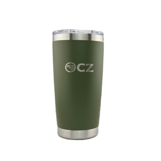 The CZ Logo Tumbler 20oz GREEN is a stainless steel tumbler with a clear lid, silver accents, and an engraved "CZ" logo on the front.
