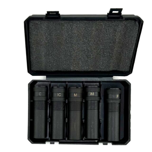 The Ext.Choke set 12ga Black MC-5 (F-IM-M-IC-C) for 612 Magnum features a black foam-lined case open to reveal five metal choke tubes, arranged vertically in individual slots and labeled F, IM, M, IC, and C.