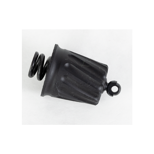 Close-up of the CZUSA FS 1012 Black Magazine Tube Cap with Swivel, featuring its cylindrical shape and ridged surface. A metal spring is partially visible inside, and a small loop is attached at one end.