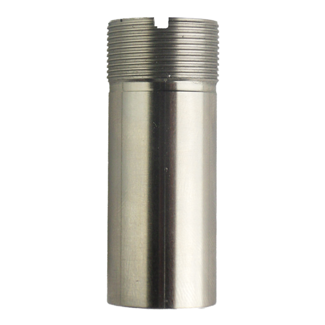 The CHOKE TUBE STANDARD 12GA-IM is a metallic, cylindrical accessory featuring threaded grooves at the top. Its smooth surface appears to be crafted from stainless steel.