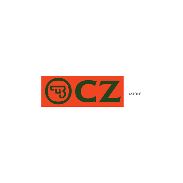 Logo featuring a stylized gun graphic inside a circle beside the bold, green letters "CZ" set against an orange backdrop. Dimensions are specified as 1.51 inches by 4 inches. Product name: CZ LOGO 4" RECTANGLE STICKER ORANGE.