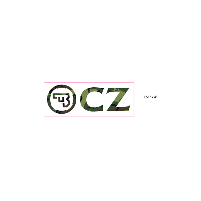The image displays the CZ Logo 4" Rectangle Sticker in a camo pattern, featuring the letters "CZ" and a stylized "B" inside a circle.