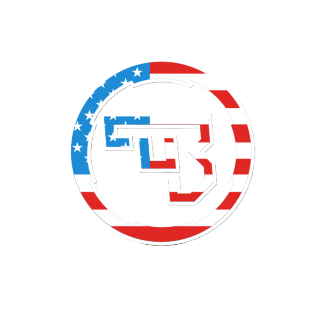 The CZ-USA 4" Die Cut Logo Sticker features a circular "T" and "B" design with a US flag motif—blue and white stars at the top left and red and white stripes wrapping around the circle.